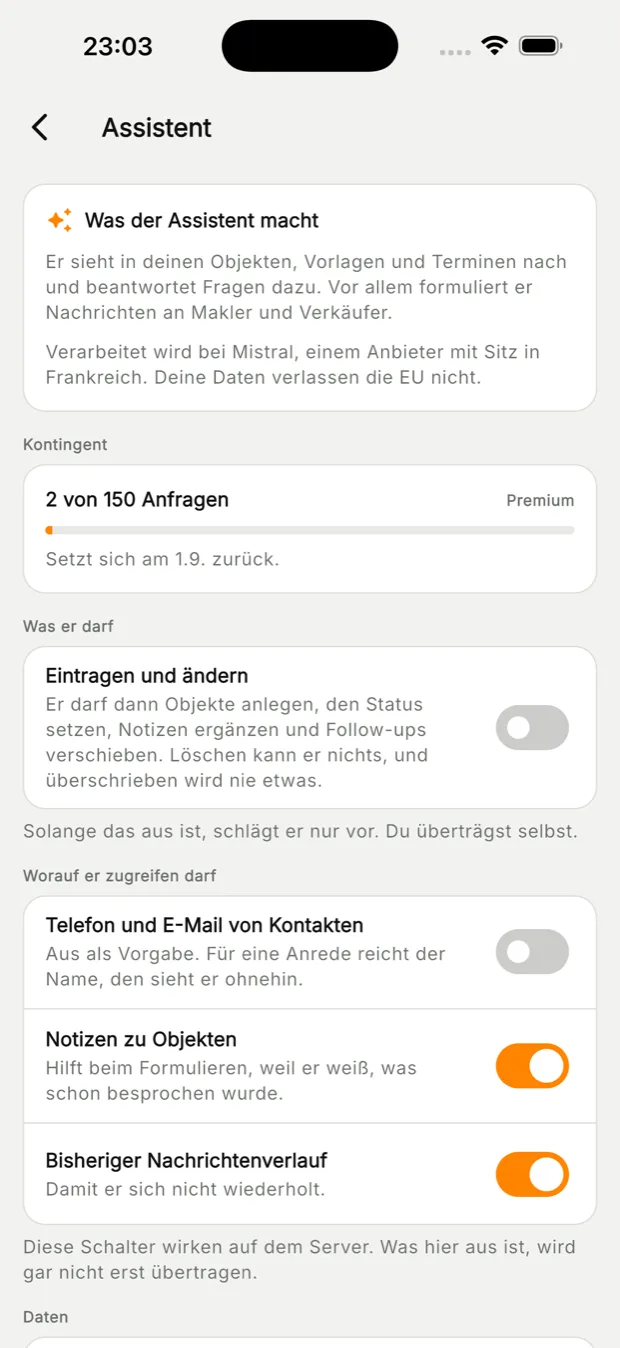 Einstellungen des Assistenten in AkquisePlaner: Kontingent, Schalter für Eintragen und Ändern, sowie einzeln abschaltbarer Zugriff auf Kontaktdaten, Notizen und Nachrichtenverlauf