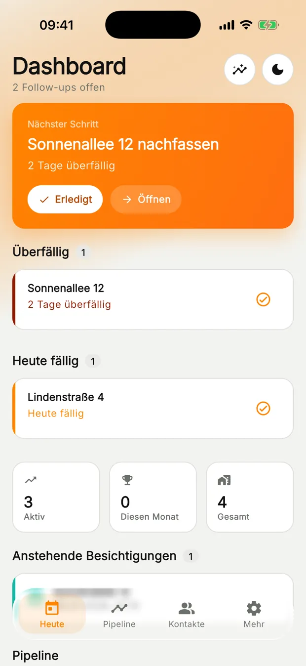 AkquisePlaner Dashboard: heute fällige und überfällige Follow-ups mit direktem Anruf-Button
