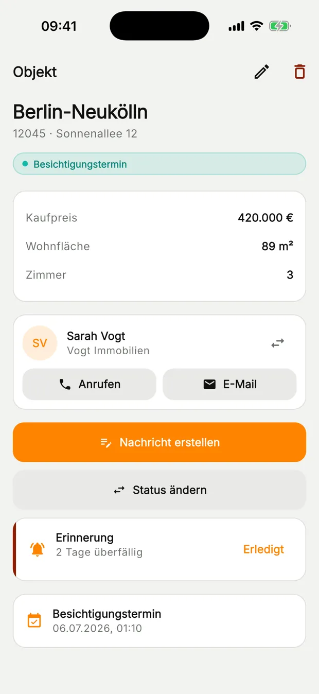 Objekt-Detail mit Kontakt, Anruf- und E-Mail-Button, Nachricht erstellen und Erinnerung