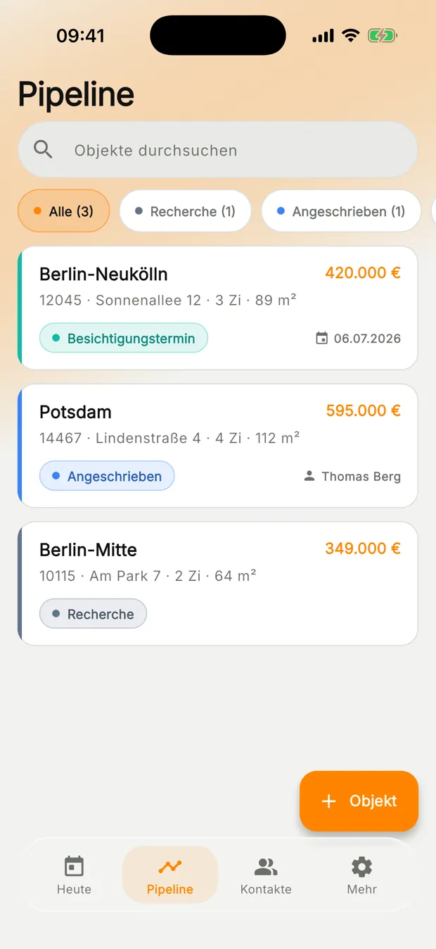 Pipeline-Ansicht in AkquisePlaner mit Objekten, Status-Filtern und Preisen